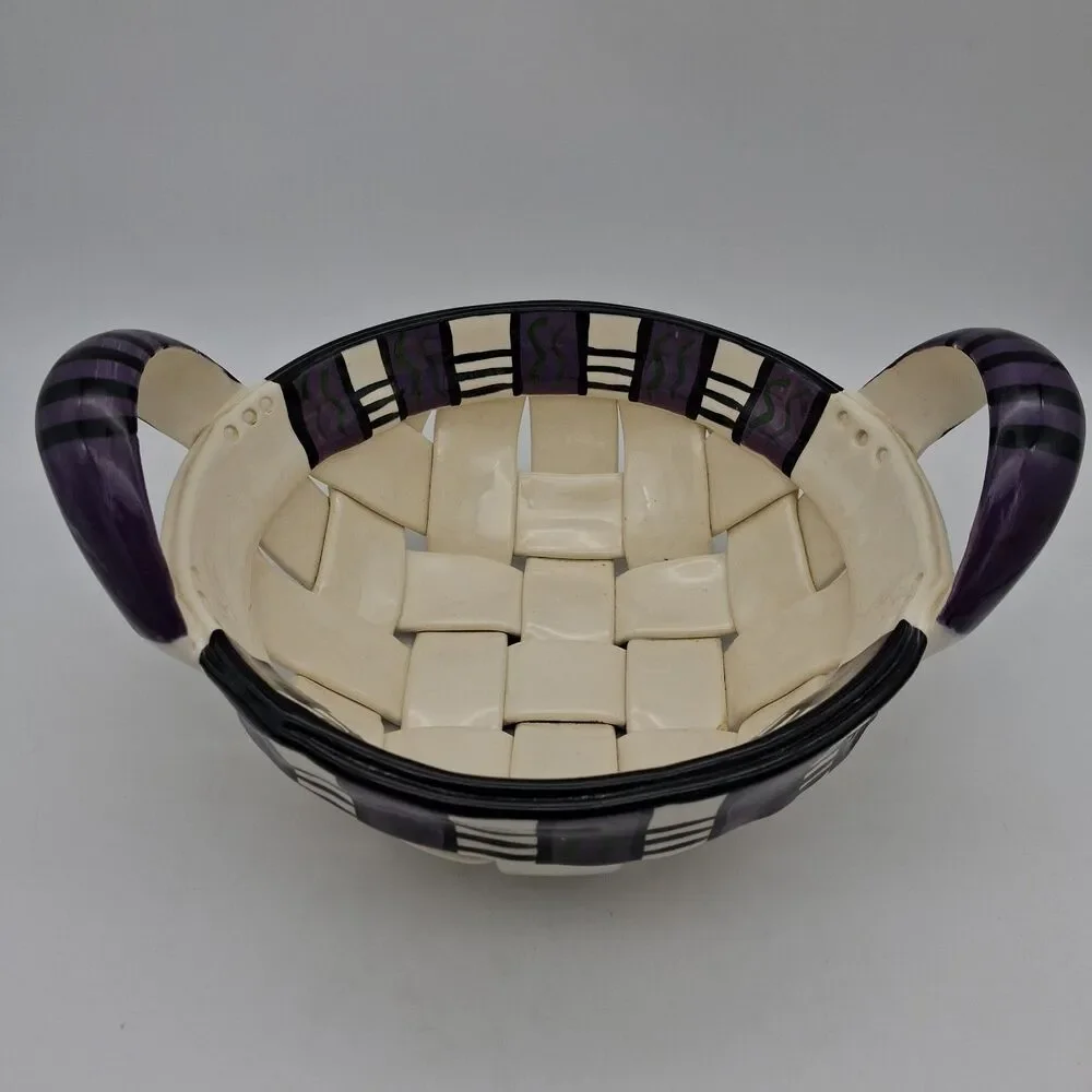 Rina Peleg Signed Pottery Basket Bowl-Hand Decorated Riveted Design 11 3/8
